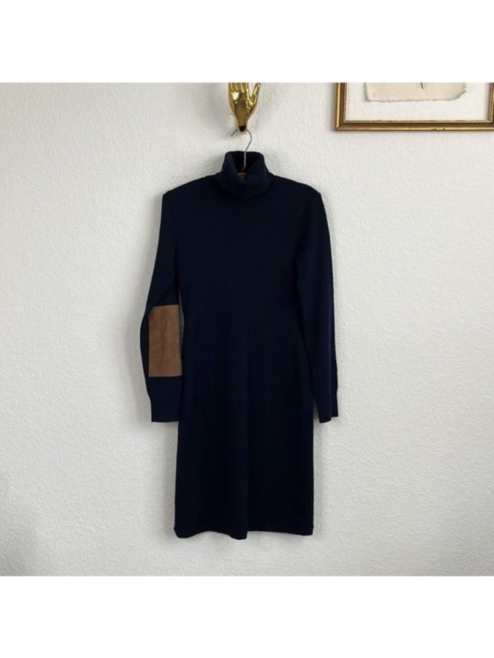 Ralph Lauren Blue Label Cashmere Wool Suede Patch Turtleneck Dress